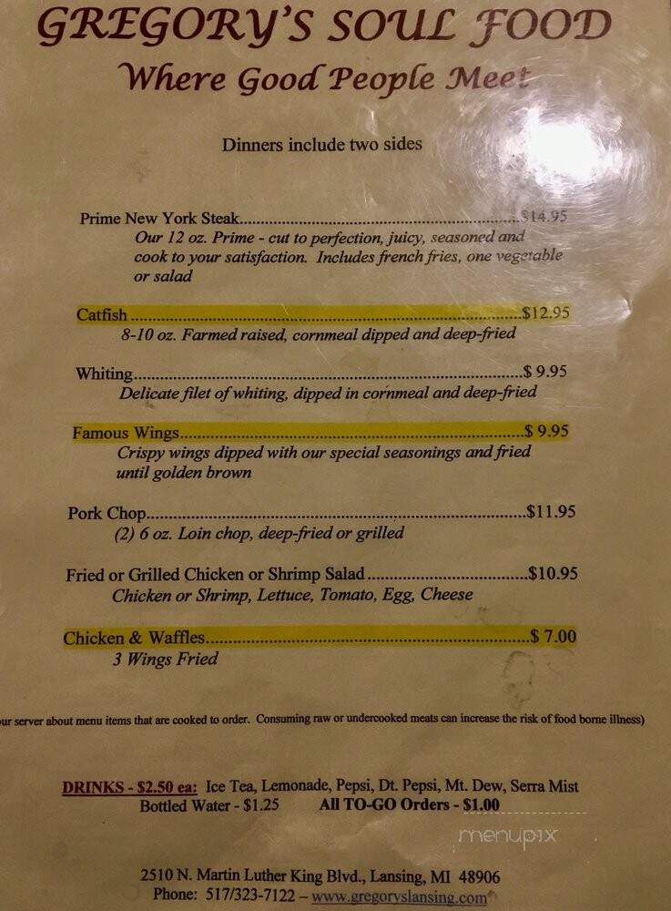 Gregory's Incorporated - Lansing, MI menu_pic