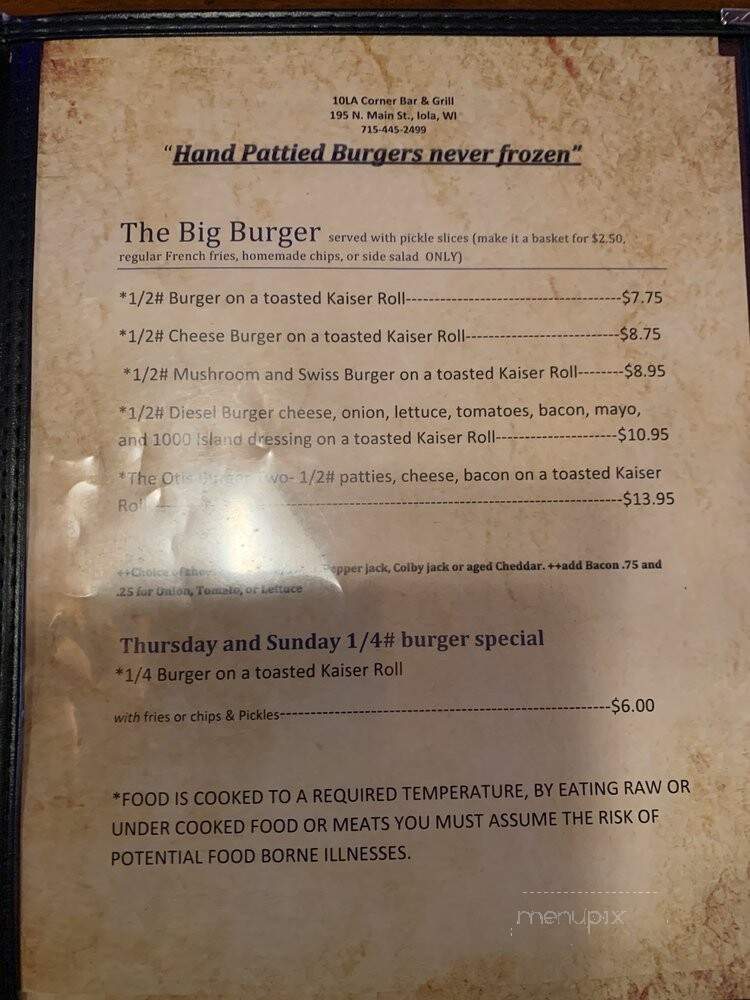 Corner Bar - Iola, WI menu_pic