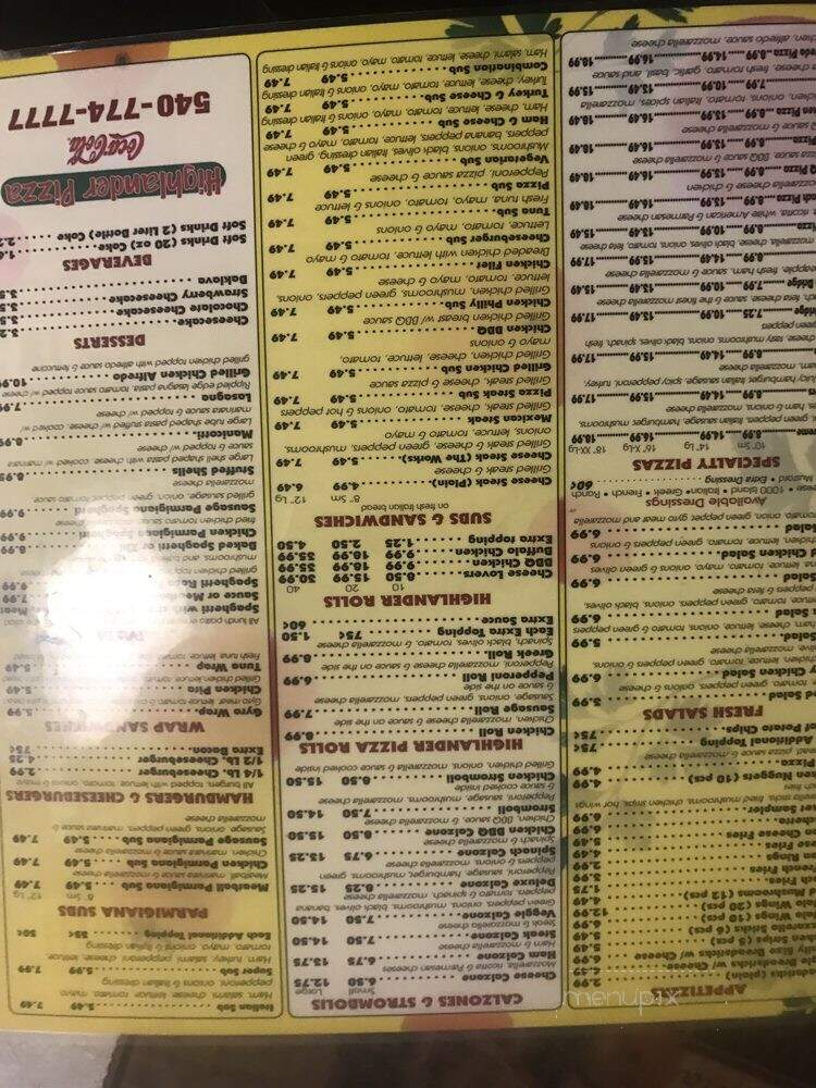 Highlander Pizza - Roanoke, VA menu_pic