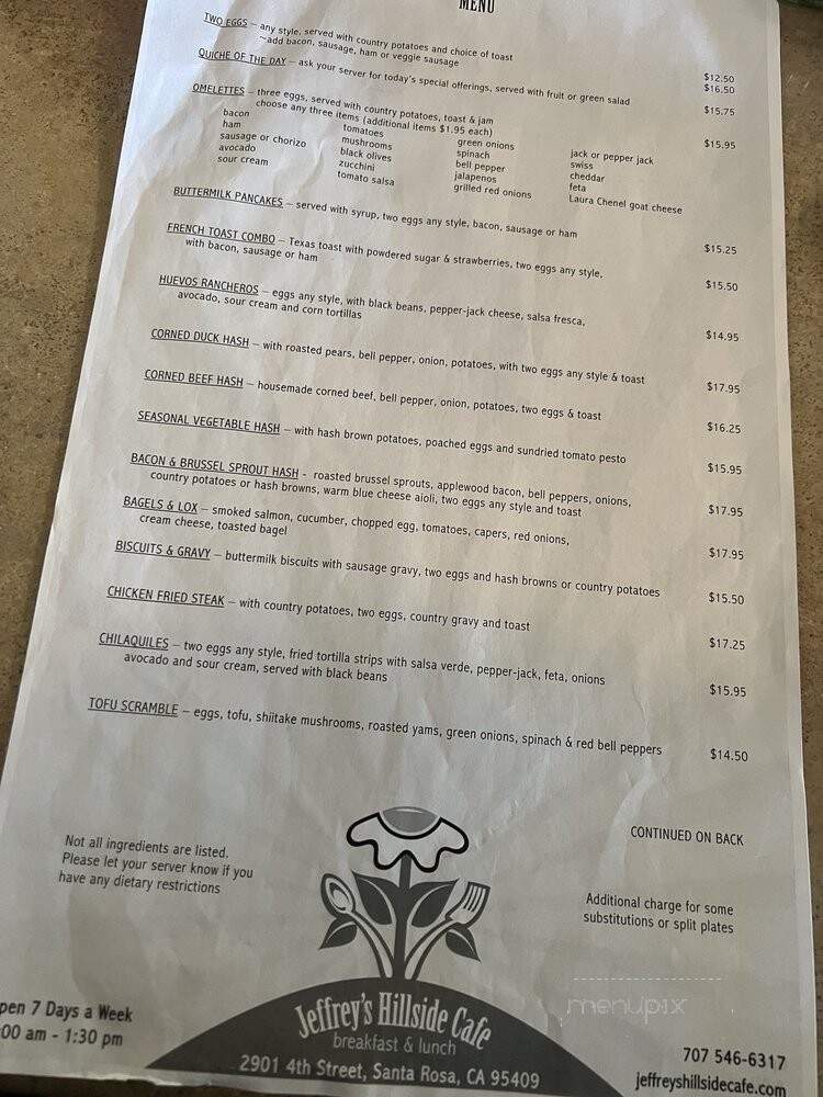 Jeffrey's Hillside Cafe - Santa Rosa, CA menu_pic