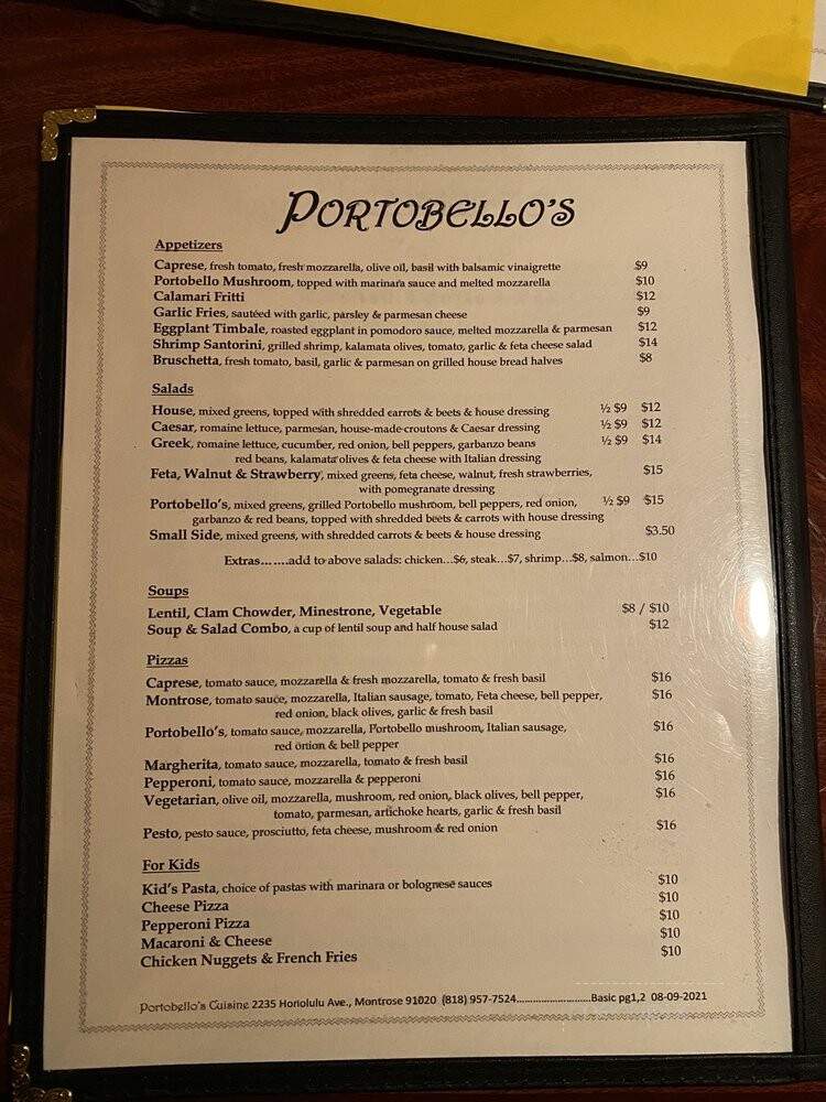 Portobello's Italian and Mediterranean Cuisine - Montrose, CA