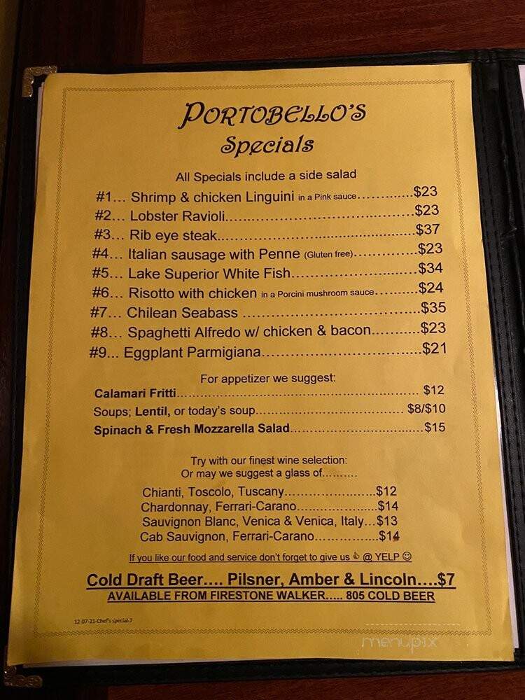 Portobello's Italian and Mediterranean Cuisine - Montrose, CA