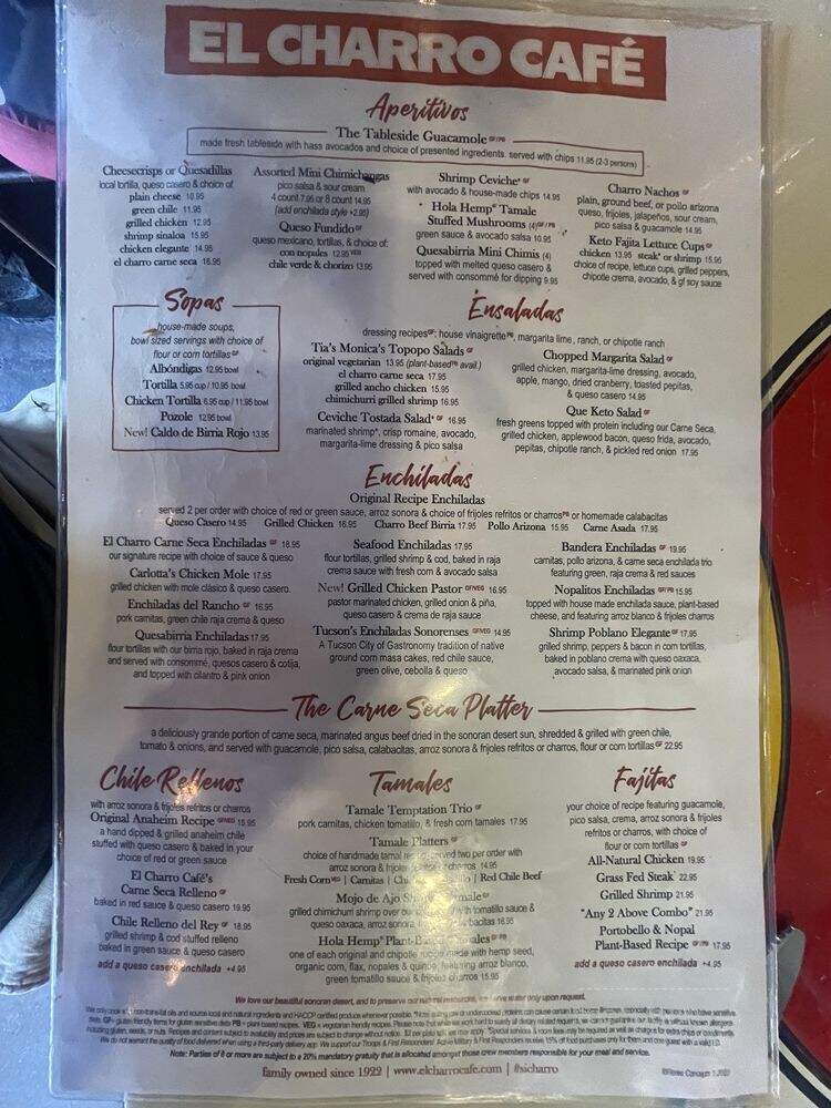 El Charro Cafe - Tucson, AZ menu_pic