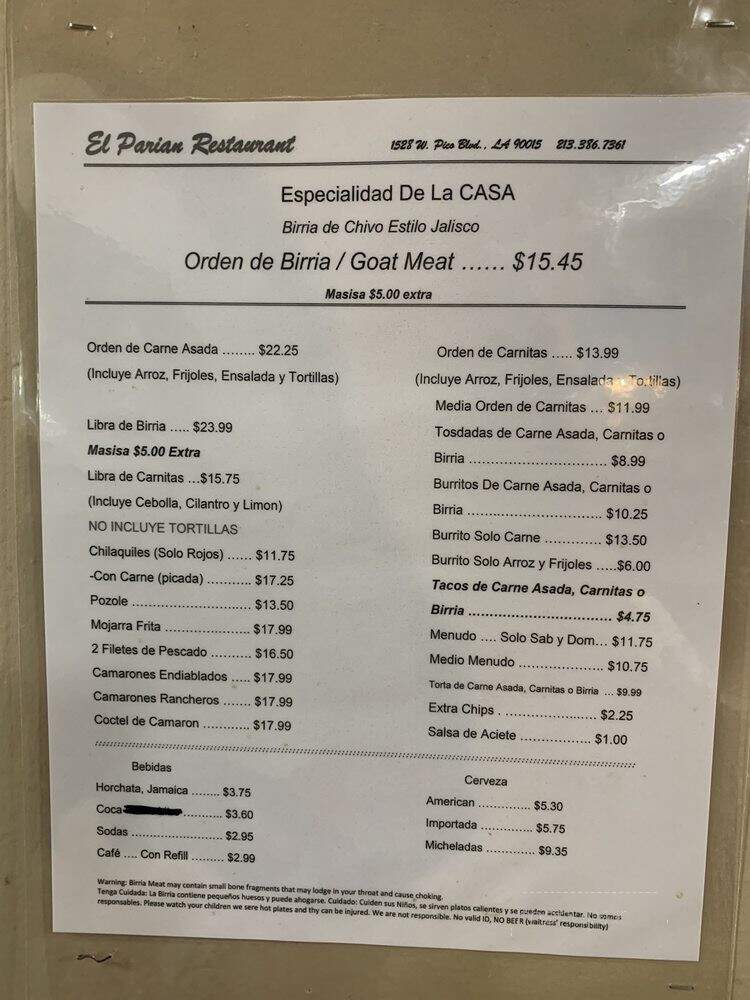 El Parian - Los Angeles, CA menu_pic