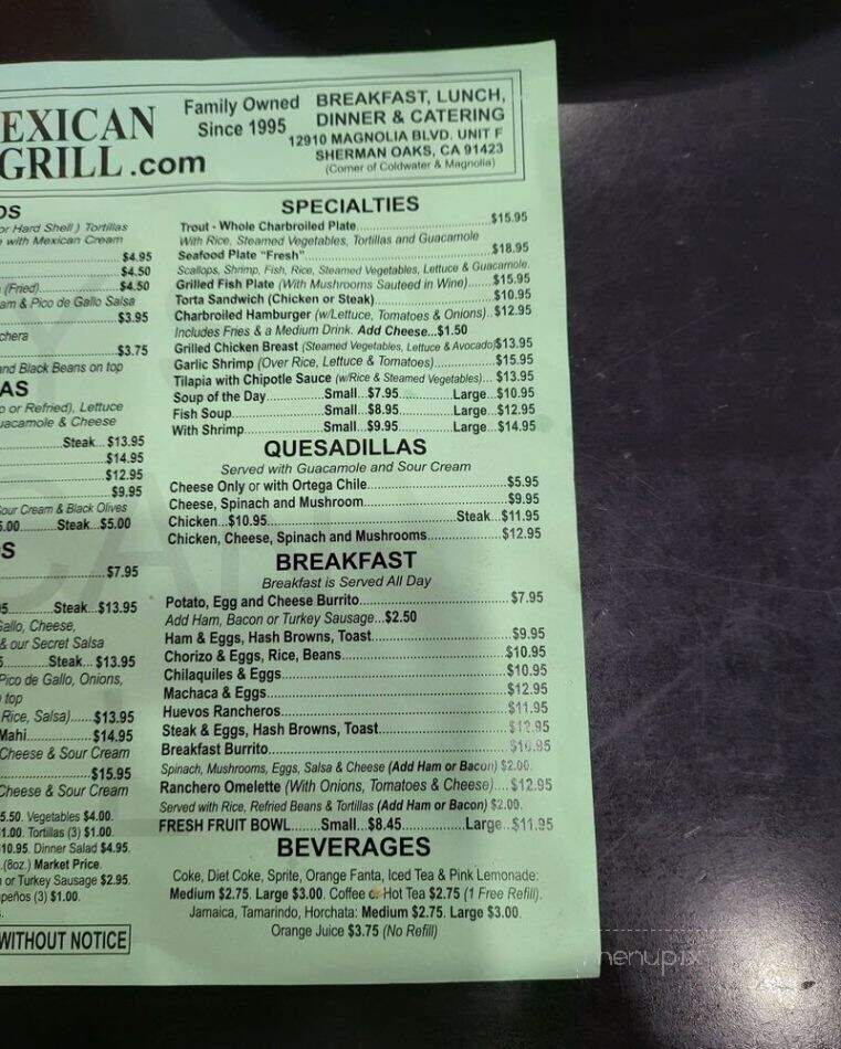 Tony's Mexican Grills - Sherman Oaks, CA menu_pic