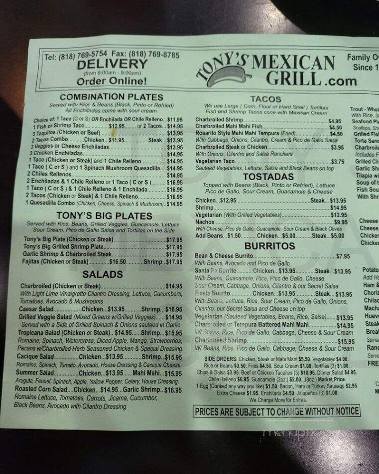 Tony's Mexican Grills - Sherman Oaks, CA menu_pic
