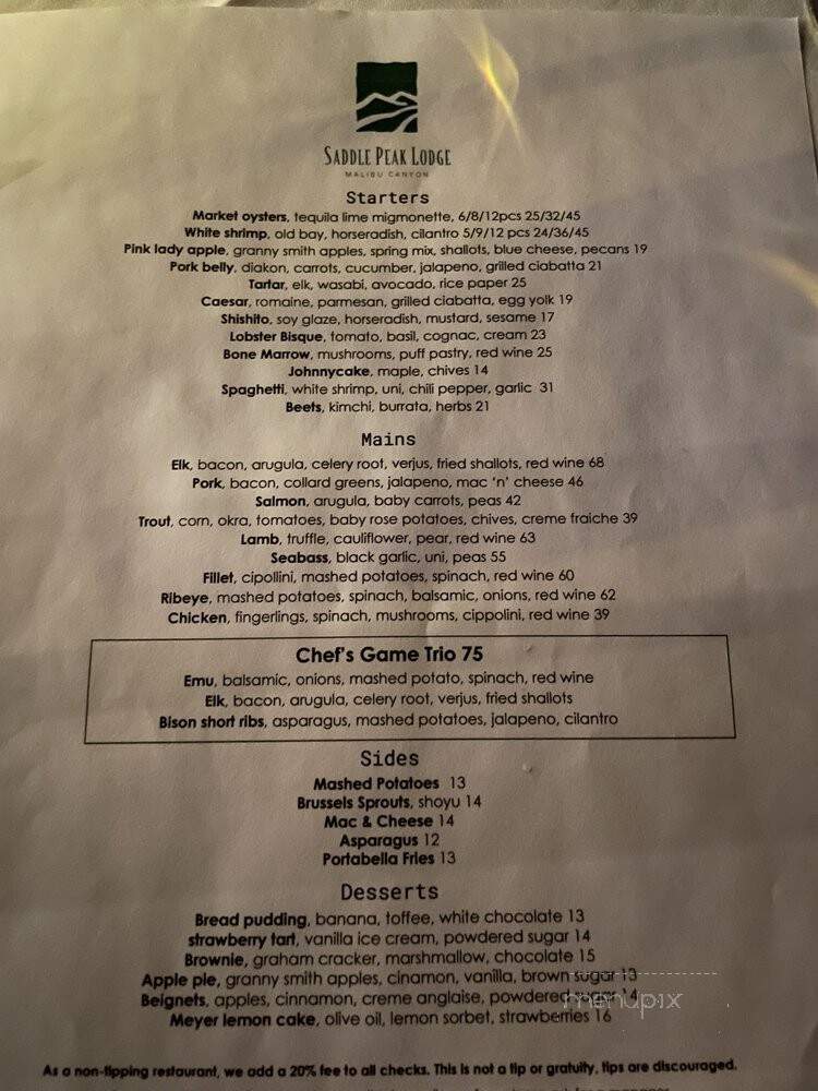Saddle Peak Lodge - Calabasas, CA menu_pic