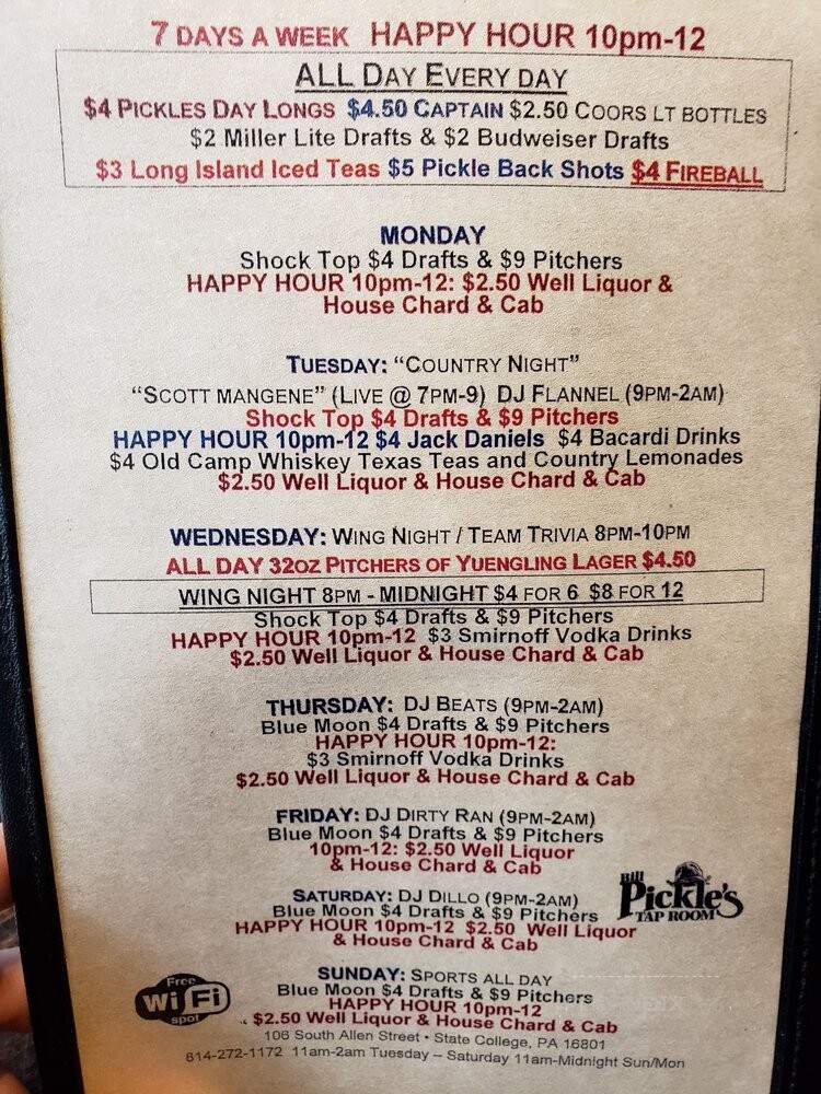 Bill Pickle's Tap Room - State College, PA menu_pic
