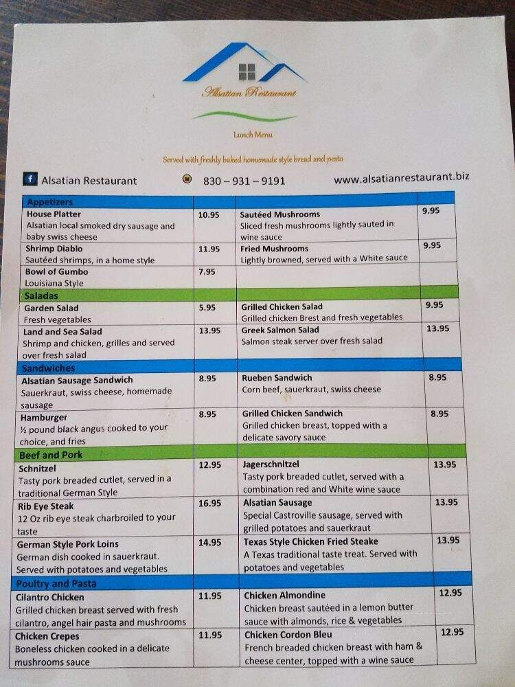 Old Alsatian Steakhouse - Castroville, TX menu_pic