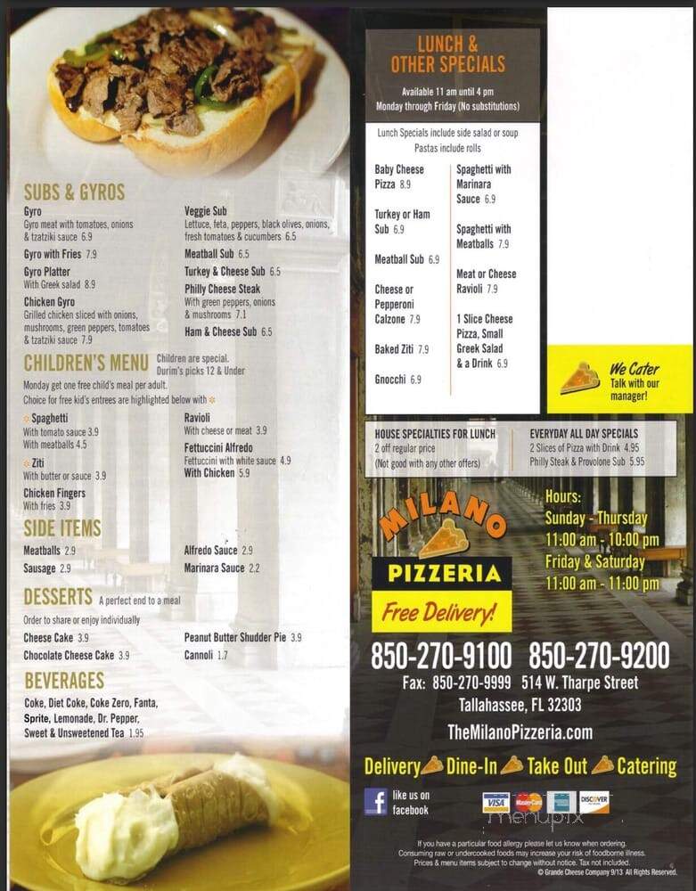 Milano Pizzeria - Tallahassee, FL menu_pic