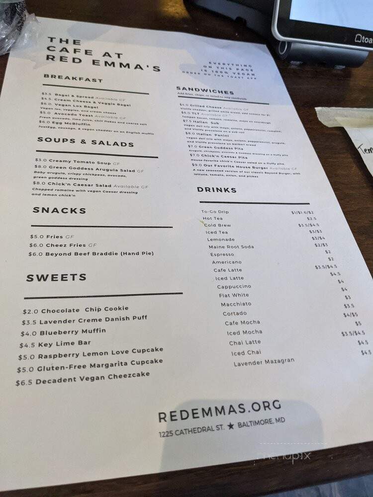 Red Emma's Bookstore*Coffeehouse - Baltimore, MD menu_pic