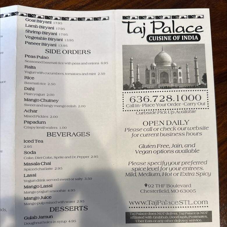 Taj Palace - Chesterfield, MO menu_pic