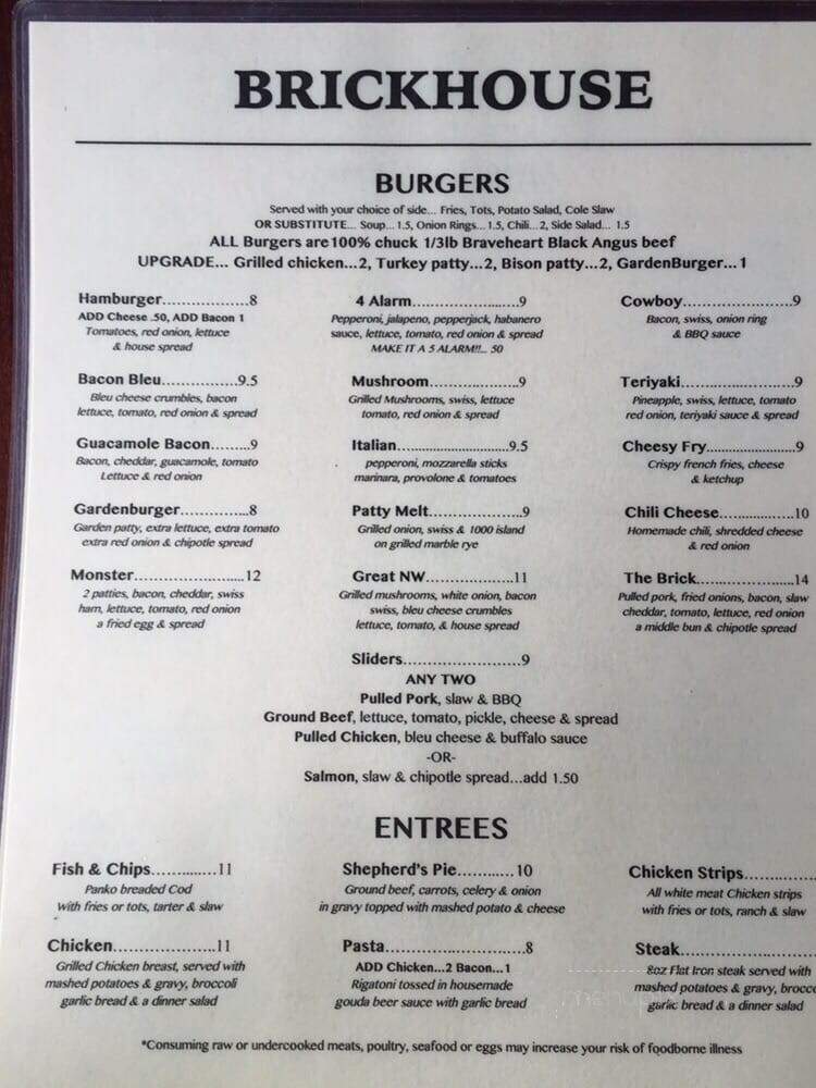 Brickhouse Bar & Grill - Vancouver, WA menu_pic