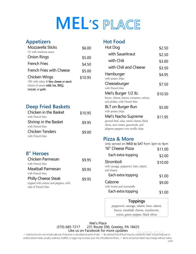 Ernies Place - Greeley, PA menu_pic