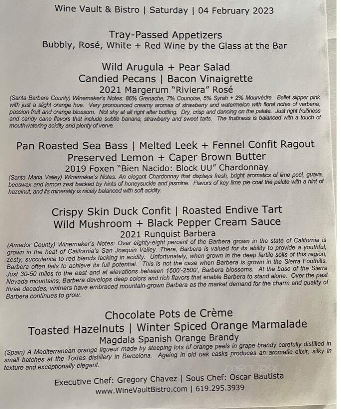 Wine Vault & Bistro - San Diego, CA menu_pic