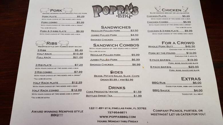 Poppa's BBQ - Clearwater, FL menu_pic