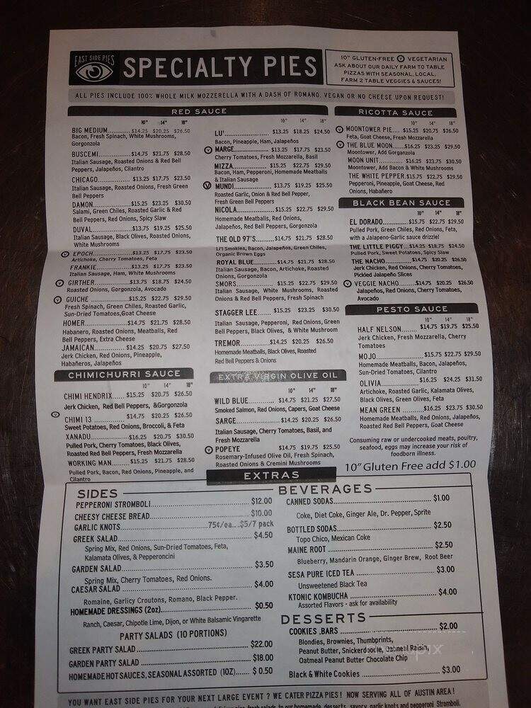 East Side Pies Pizzeria - Austin, TX menu_pic