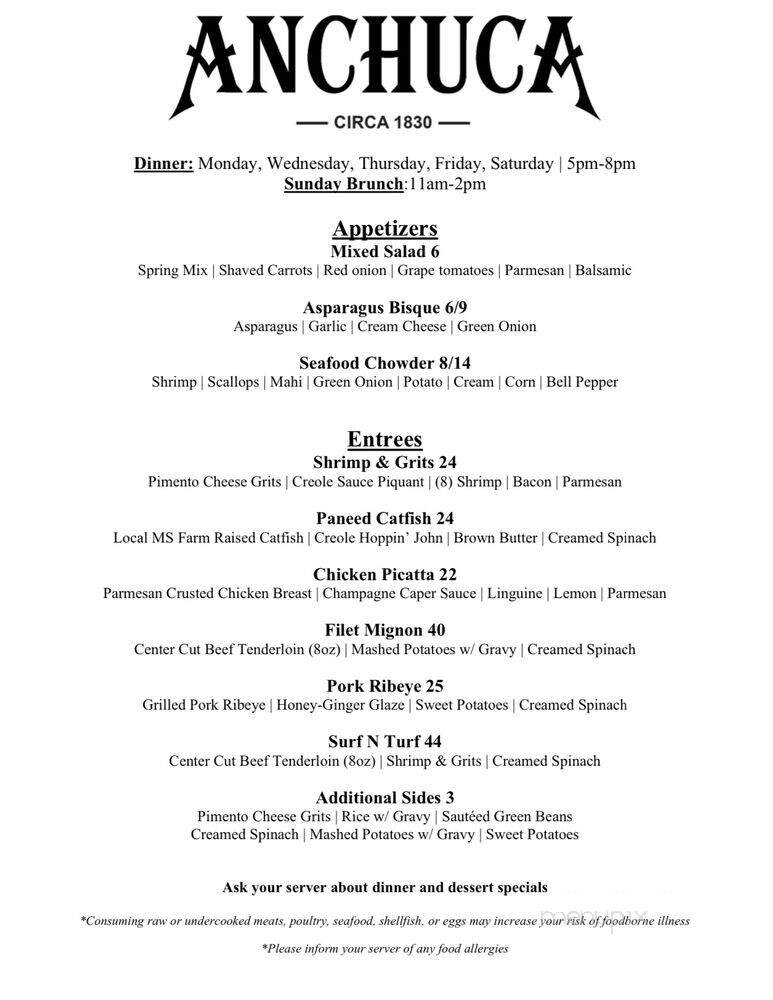 Anchuca BB - Vicksburg, MS menu_pic