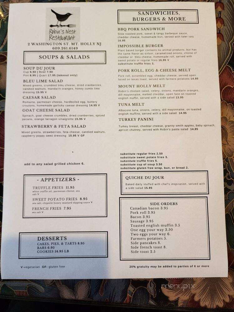 Robin's Nest Restaurant - Mount Holly, NJ menu_pic