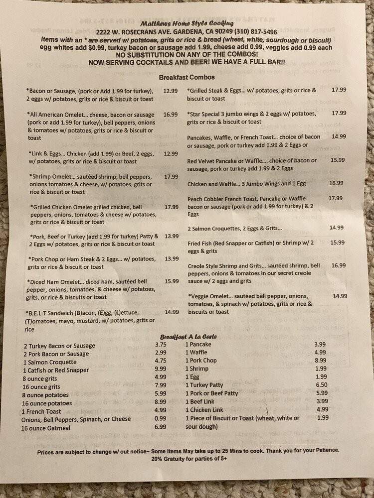 Matthews Home Style Cooking - Gardena, CA menu_pic