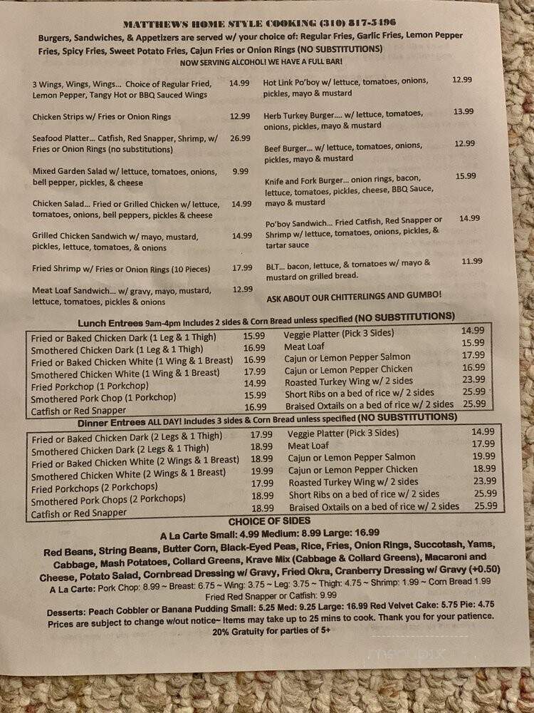 Matthews Home Style Cooking - Gardena, CA menu_pic