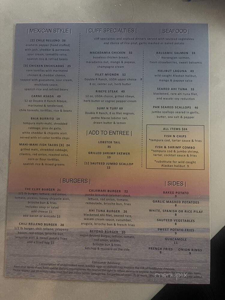 The Cliff - Laguna Beach, CA menu_pic