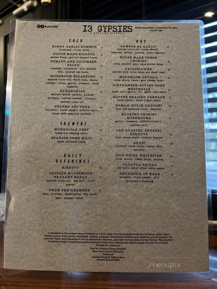 13 Gypsies - Jacksonville, FL menu_pic