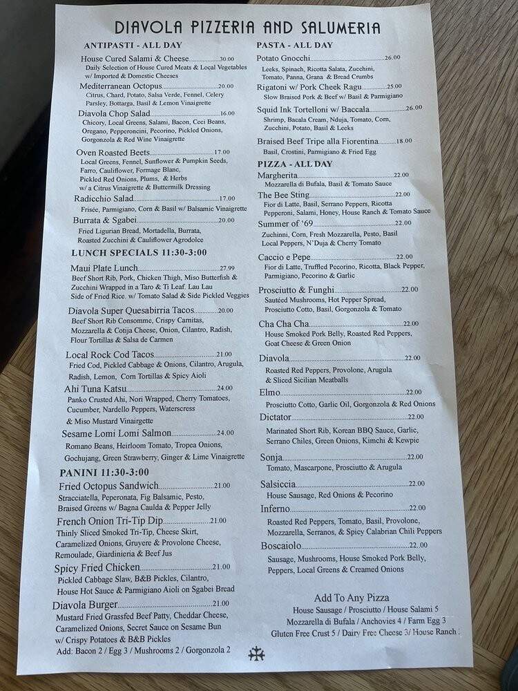 Diavola Pizzeria and Salumeria - Geyserville, CA menu_pic