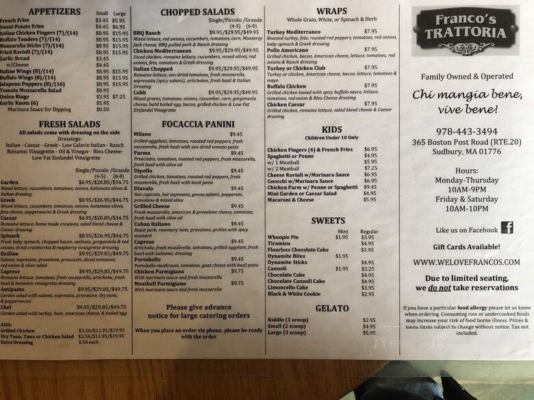 Franco's Trattoria - Sudbury, MA menu_pic