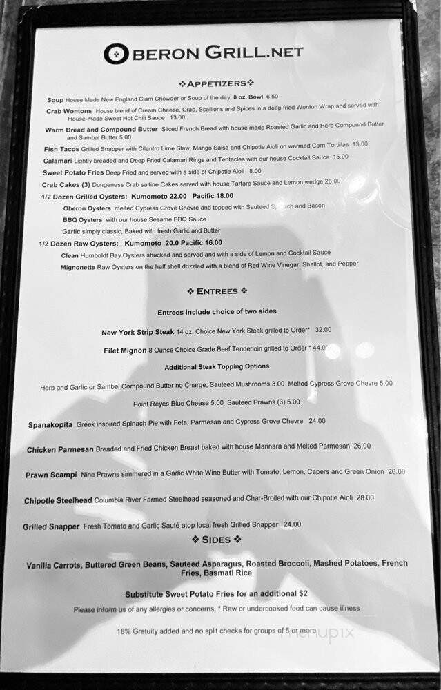 Oberon Bar & Grill - Eureka, CA menu_pic