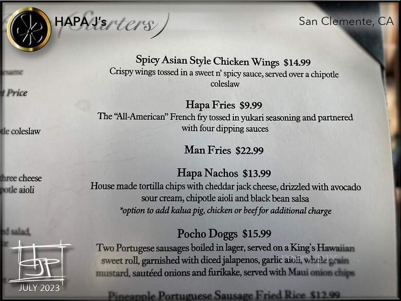Hapa J's - San Clemente, CA menu_pic