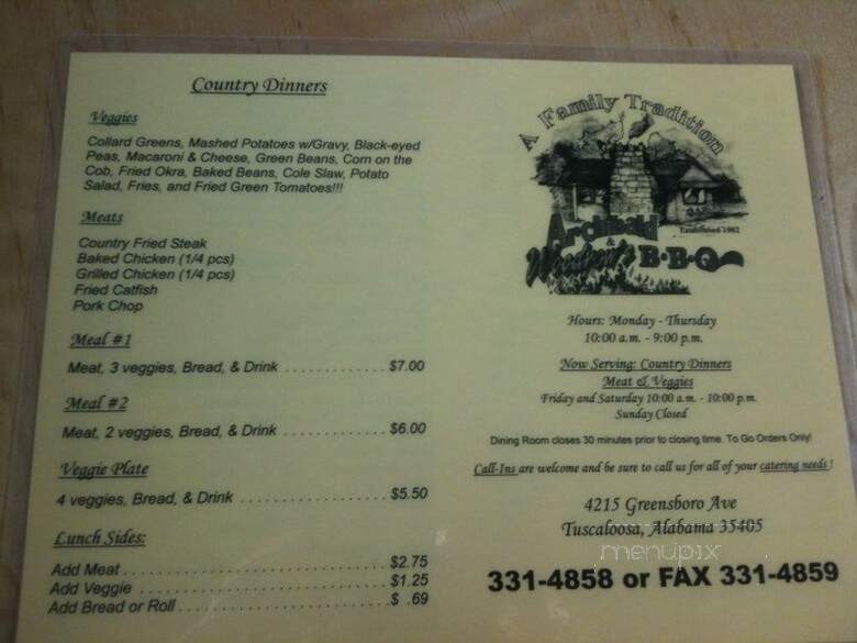 Archibald And Woodrow's Barbecue - Tuscaloosa, AL menu_pic
