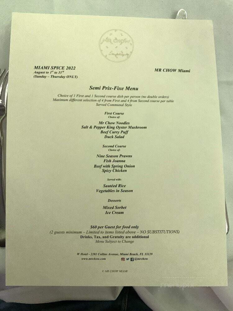 Mr Chow - Miami Beach, FL menu_pic