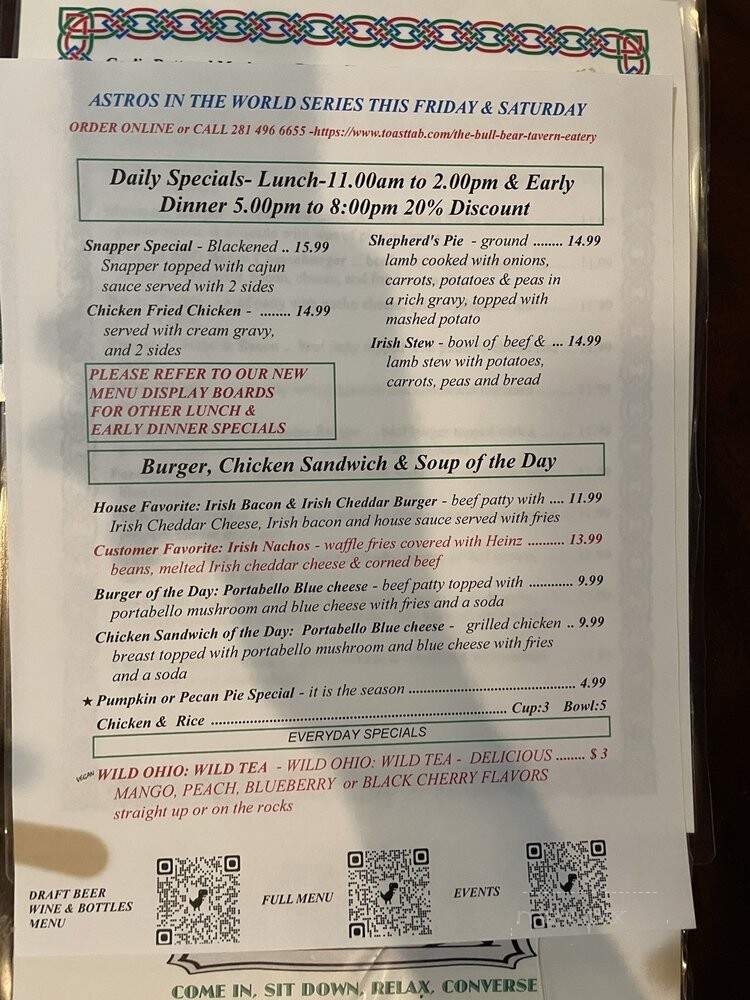 The Bull and bear tavern and Eatery - Houston, TX menu_pic