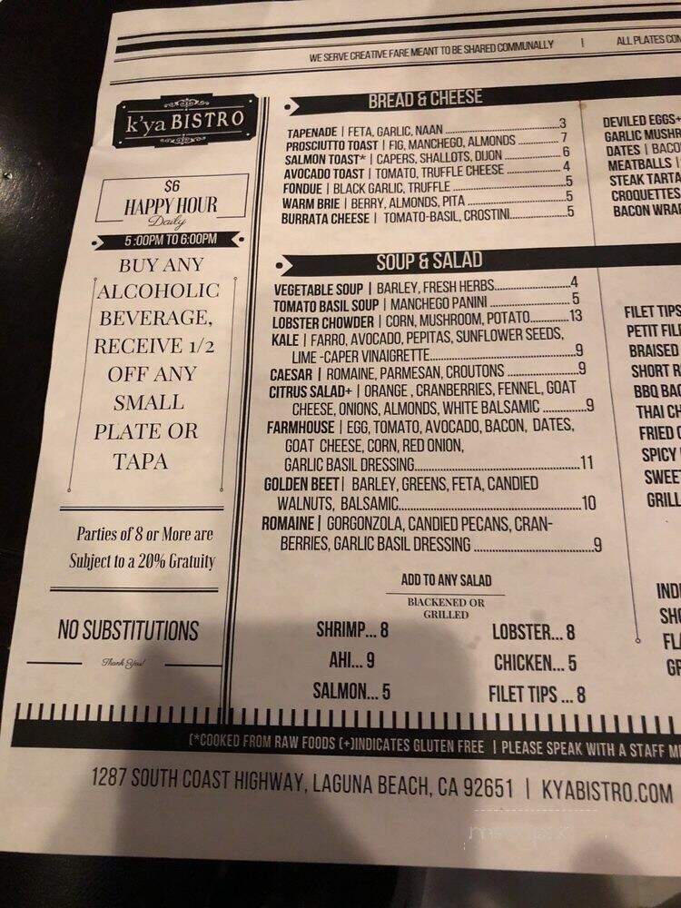 k'ya Bistro - Laguna Beach, CA menu_pic