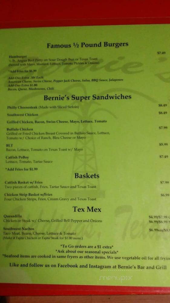 Bernie's - Giddings, TX menu_pic