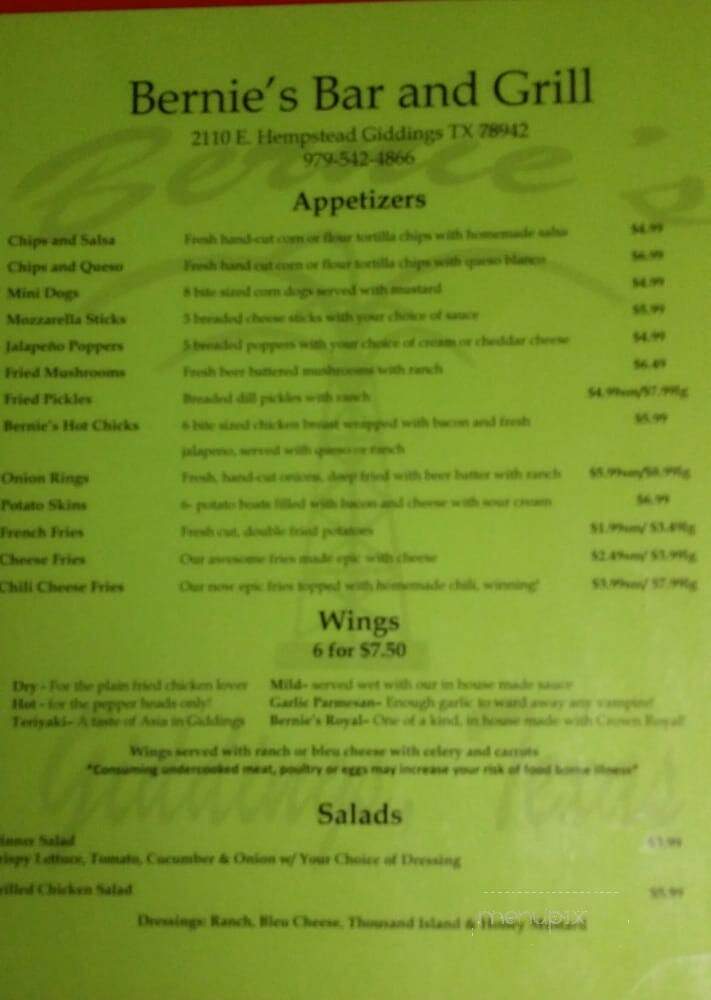 Bernie's - Giddings, TX menu_pic