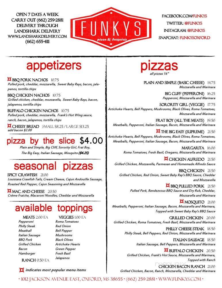 Funkys - Oxford, MS menu_pic