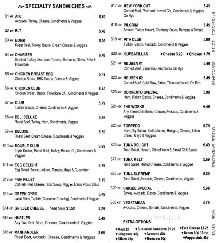 Unique Sandwiches - San Diego, CA menu_pic