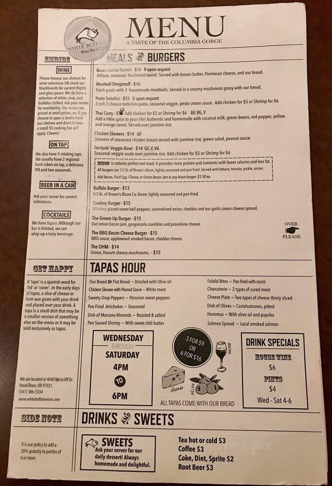 White Buffalo Wine Bar & Bistro - Hood River, OR menu_pic