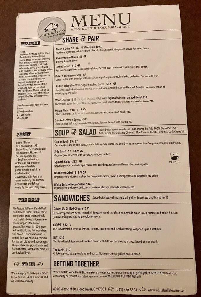 White Buffalo Wine Bar & Bistro - Hood River, OR menu_pic