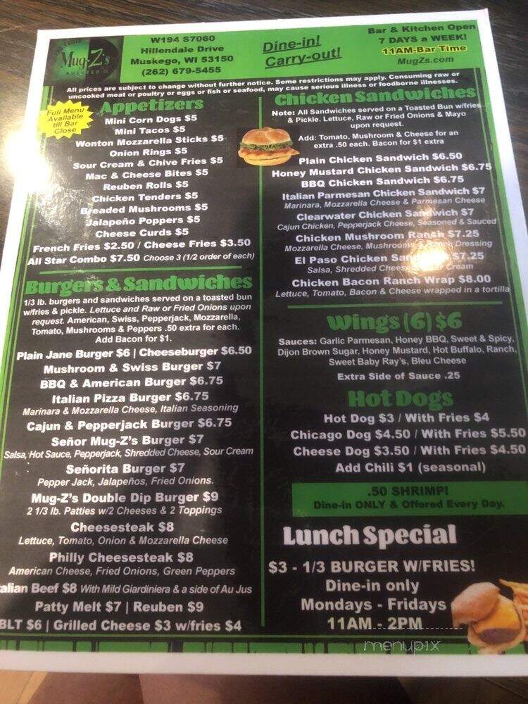 Mugzs Pub & Grill - Muskego, WI menu_pic