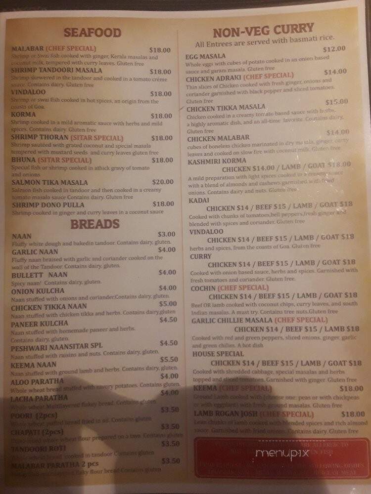 Sitar Indian Cuisine - Durham, NC menu_pic