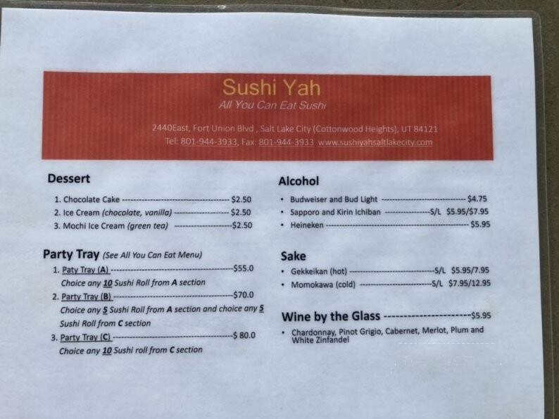 Sushi Yah - Cottonwood, UT menu_pic