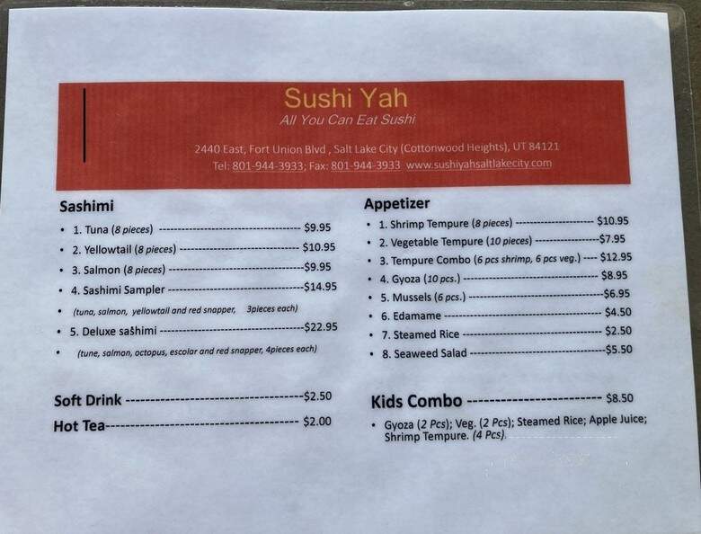 Sushi Yah - Cottonwood, UT menu_pic