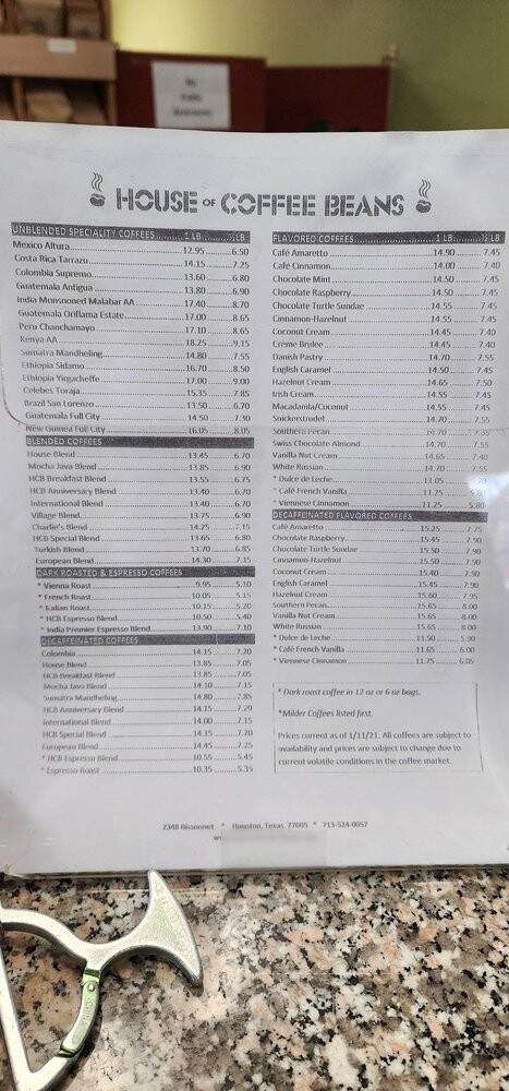 House of Coffee Beans - Houston, TX menu_pic