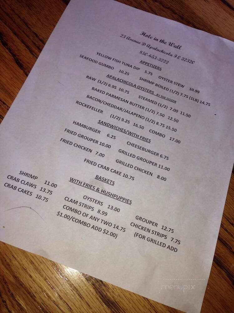 Hole in the Wall Seafood - Apalachicola, FL menu_pic