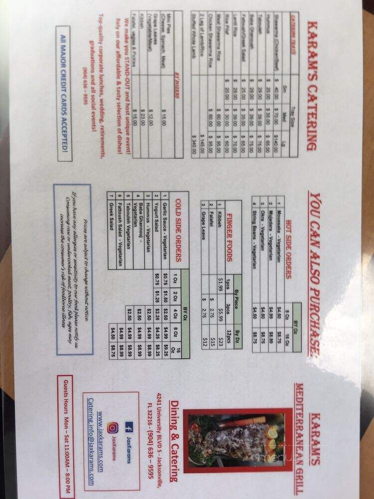 Karam's Mediterranean Grill - Jacksonville, FL menu_pic
