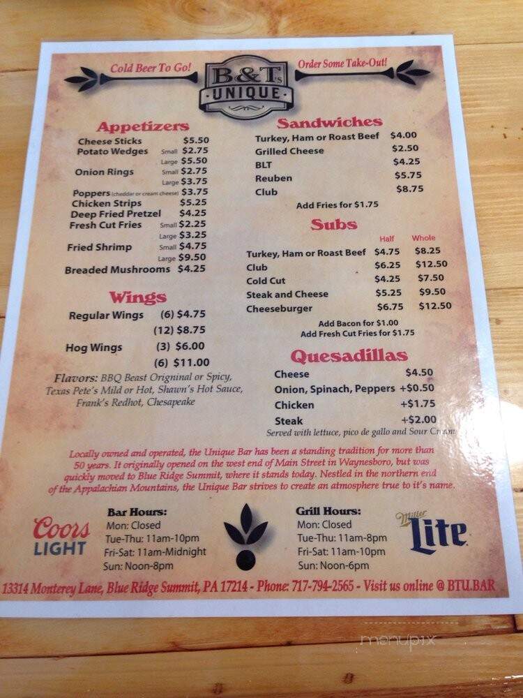 Unique Bar Grill - Blue Rdg Smt, PA menu_pic