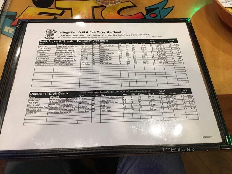 Wings Etc. - Fort Wayne, IN menu_pic